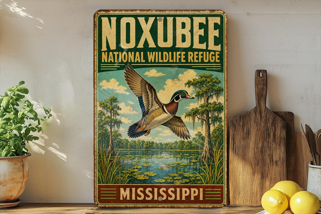 A vintage-style sign for the Noxbee National Wildlife Refuge in Mississippi, featuring a colorful illustration of a bird in flight over a pond surrounded by trees and greenery.