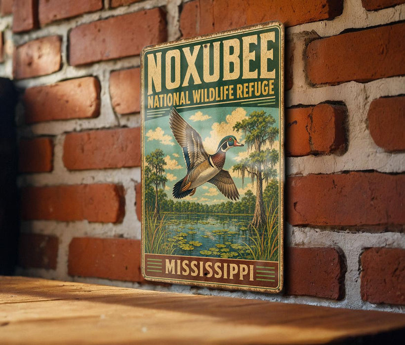 A vintage-style metal sign for the Noxubee National Wildlife Refuge in Mississippi, featuring a bird in flight and a serene landscape.