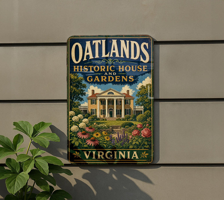 A vintage-style metal sign for the Oatlands Historic House and Gardens in Virginia, featuring a large illustration of a historic house surrounded by a well-manicured garden.