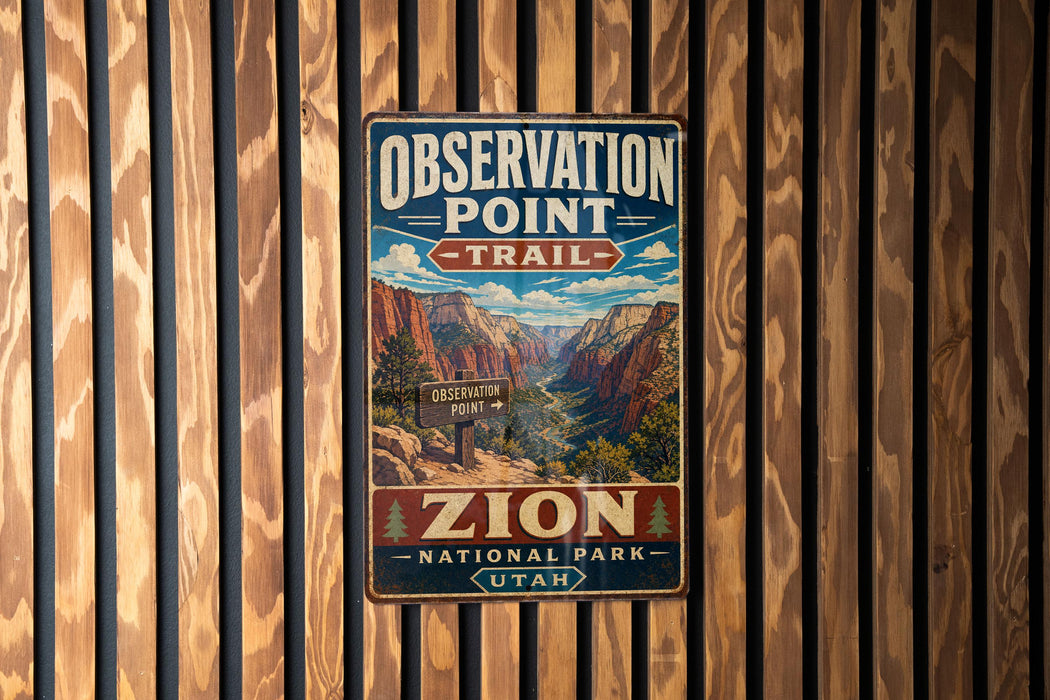 A vintage metal sign for Observation Point Trail in Zion National Park, Utah.