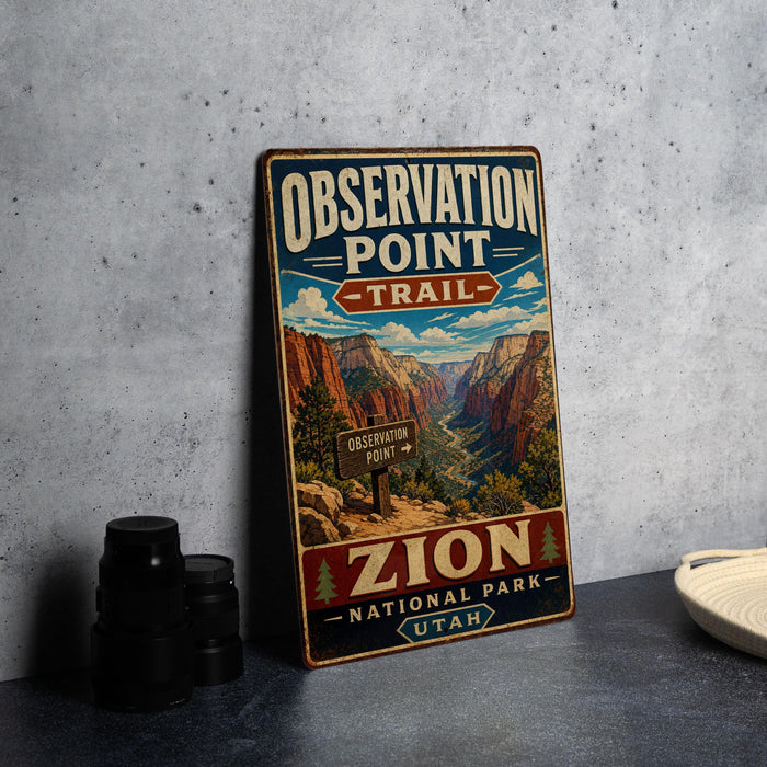 A vintage-style metal sign for the Zion National Park trail, featuring an illustration of the park's landscape.