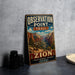 A vintage-style metal sign for the Zion National Park trail, featuring an illustration of the park's landscape.