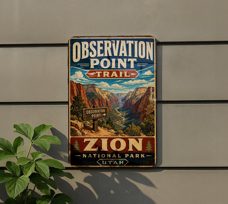 A vintage-style sign for Observation Point Trail in Zion National Park, Utah, featuring a scenic mountain landscape.