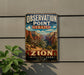 A vintage-style sign for Observation Point Trail in Zion National Park, Utah, featuring a scenic mountain landscape.