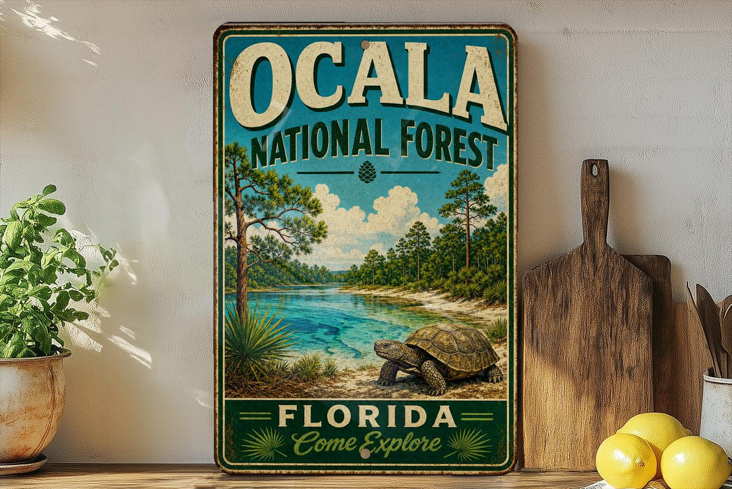 A vintage-style sign for the Ocala National Forest in Florida, featuring a scenic landscape with a turtle in the foreground.