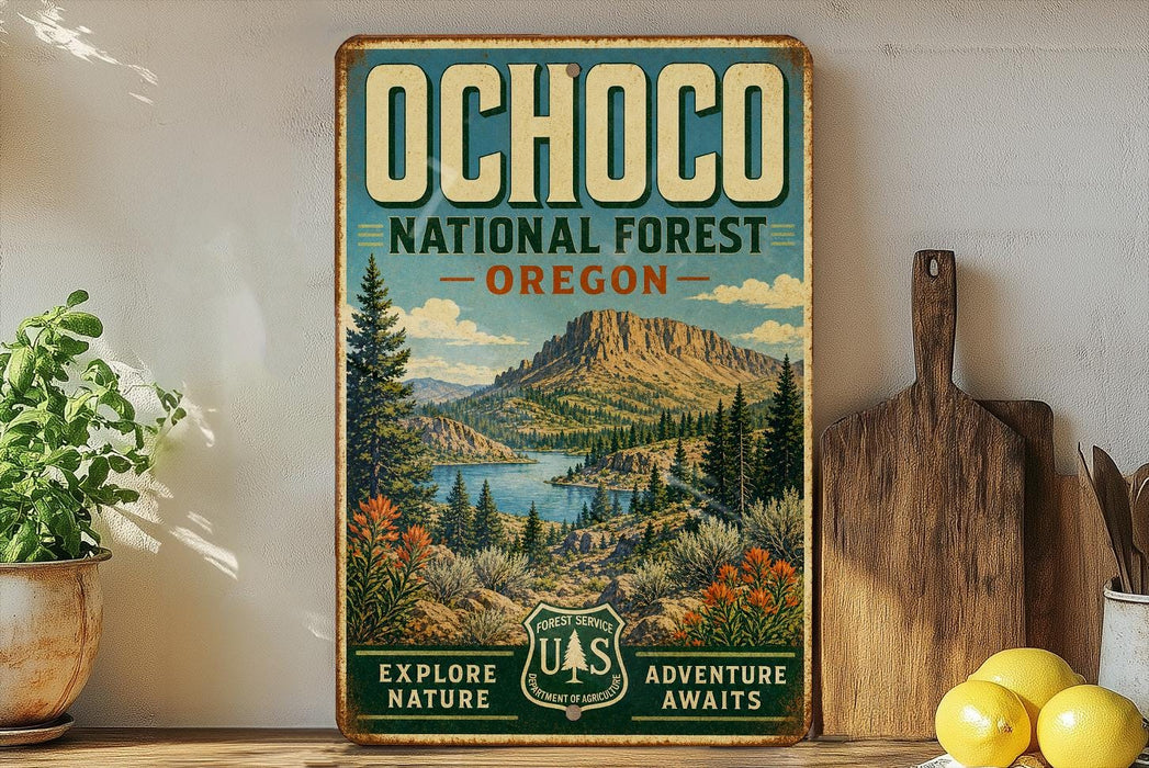 a vintage-style sign for Ochoco National Forest in Oregon, with a scenic mountain landscape and a river in the background.