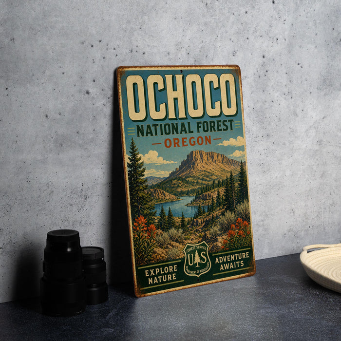 A vintage-style metal sign for Ochoco National Forest in Oregon, featuring a scenic mountain landscape and the text "Explore Nature" and "Adventure Awaits".
