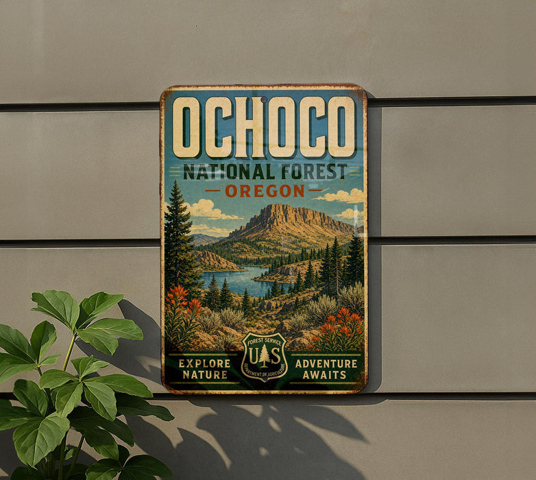 a vintage-style sign for Ochoco National Forest in Oregon, with a mountain landscape and a river in the background.