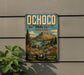 a vintage-style sign for Ochoco National Forest in Oregon, with a mountain landscape and a river in the background.
