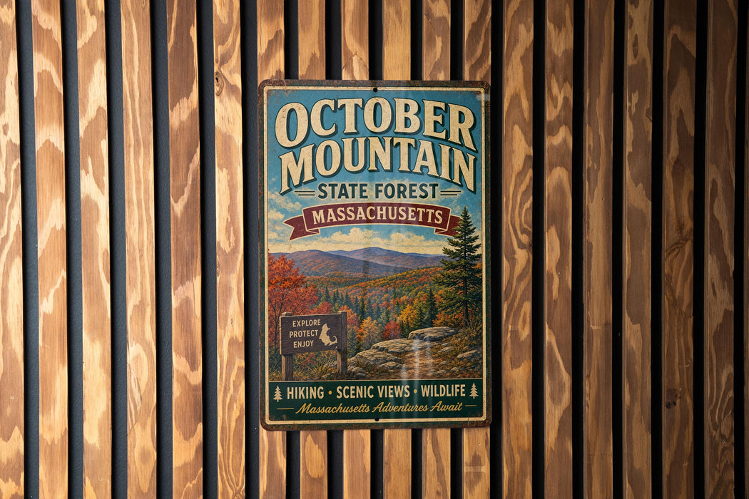 A vintage metal sign for October Mountain State Forest in Massachusetts, featuring a scenic mountain landscape and inviting visitors to explore the area.