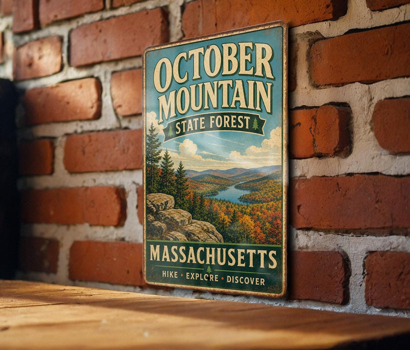 A vintage metal sign for October Mountain State Forest in Massachusetts, featuring a scenic landscape with mountains, forests, and a river.