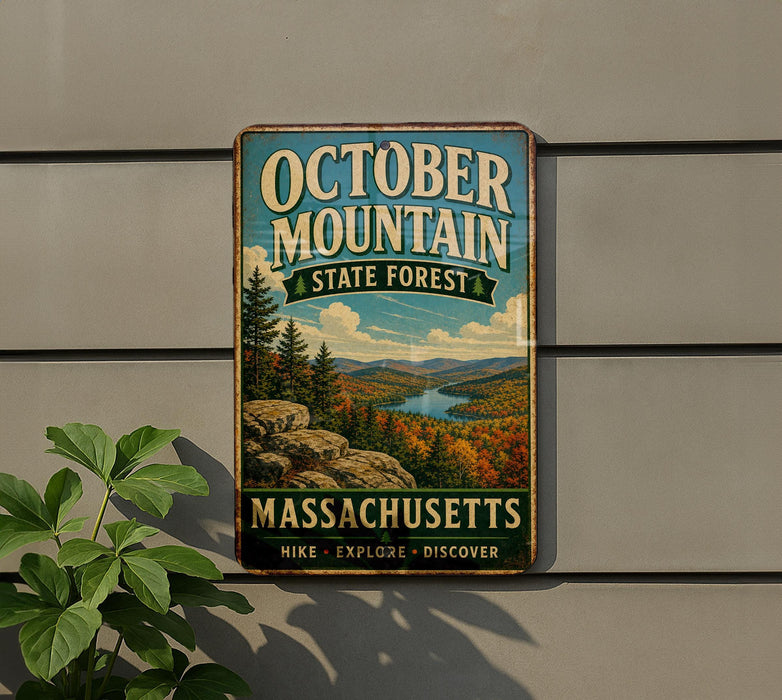 A vintage metal sign for October Mountain State Forest in Massachusetts, featuring a scenic landscape with mountains, trees, and a river.