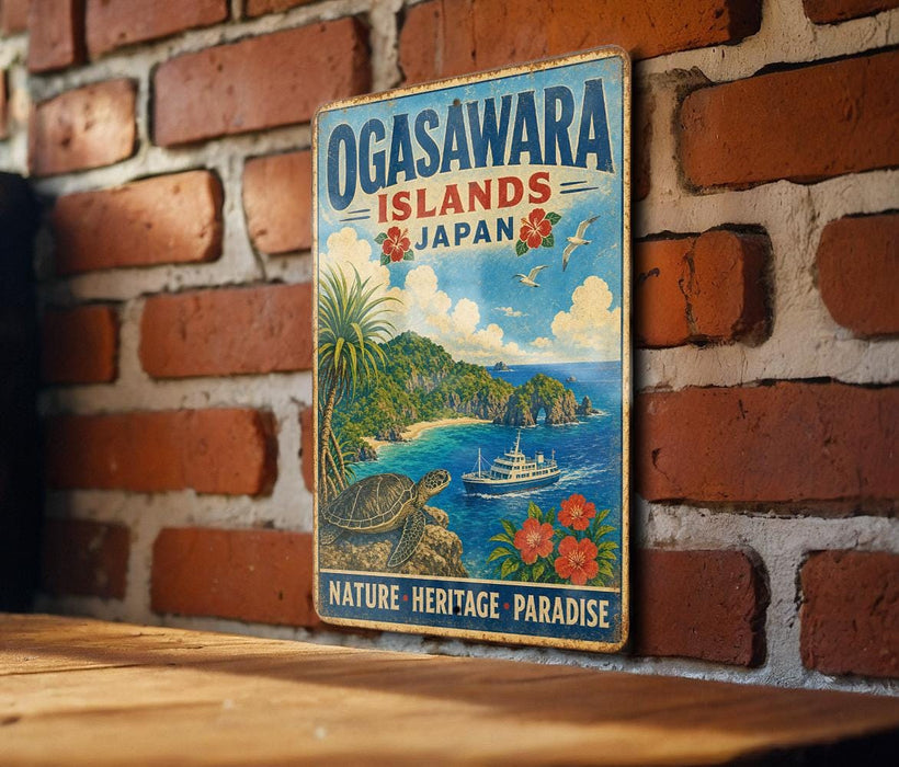 A vintage-style metal sign with a tropical island landscape and a boat, mounted on a brick wall.