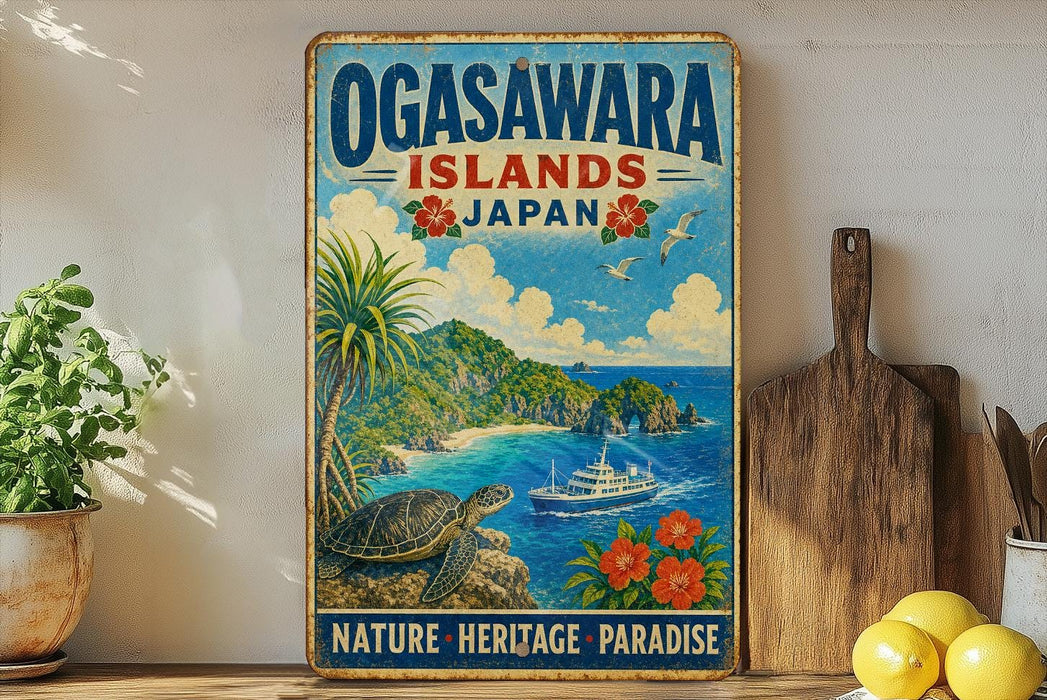 A vintage-style metal sign advertising the Ogasawa Islands in Japan, featuring a tropical beach scene with a boat, palm trees, and a turtle.