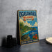 A vintage travel sign for Ogasawa Islands, Japan, featuring a tropical beach scene with palm trees, a boat, and a turtle.