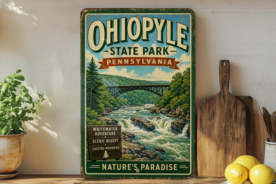 A vintage-style poster of Ohio State Park, Pennsylvania, featuring a scenic image of a waterfall and a bridge.