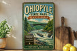 A vintage-style poster of Ohio State Park, Pennsylvania, featuring a scenic image of a waterfall and a bridge.