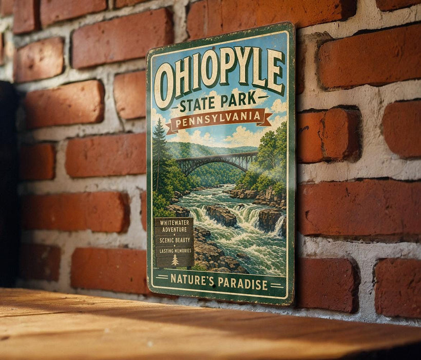 A vintage-style metal sign for Ohio Park, Pennsylvania, featuring a scenic illustration of a waterfall and a bridge.