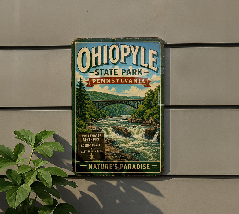 A vintage-style sign for Ohio State Park, Pennsylvania, featuring a scenic image of a waterfall and forest.