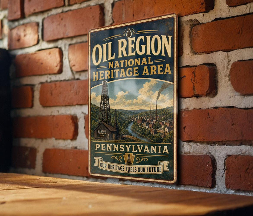A vintage-style metal sign for the Pennsylvania Oil Region National Heritage Area, featuring an illustration of a town and a tower, mounted on a brick wall.