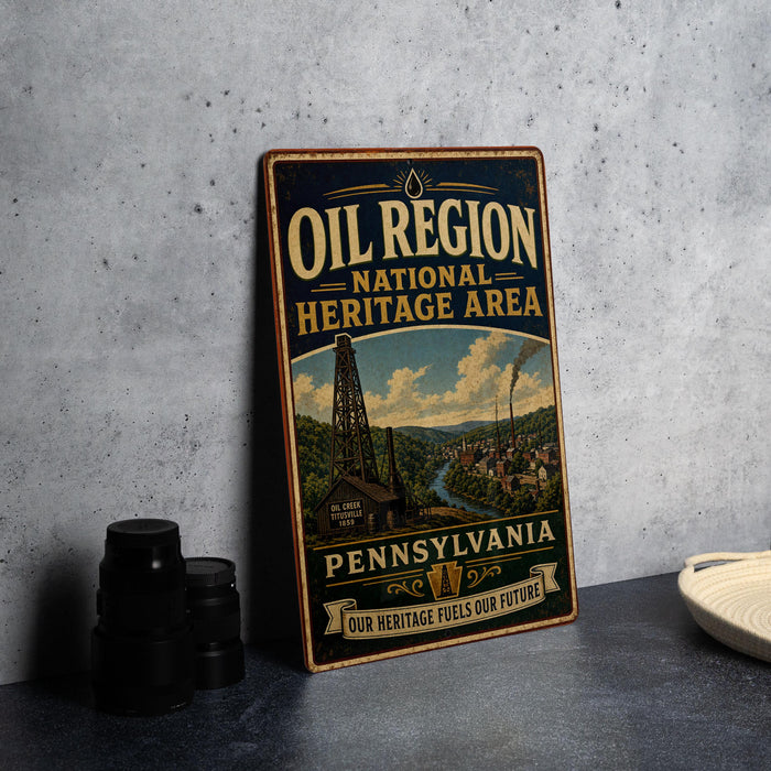 A vintage-style sign for the Pennsylvania National Heritage Area, featuring an illustration of a town and a tower, with the text "OIL REGION NATIONAL HERITAGE AREA PENNSYLVANIA" prominently displayed.