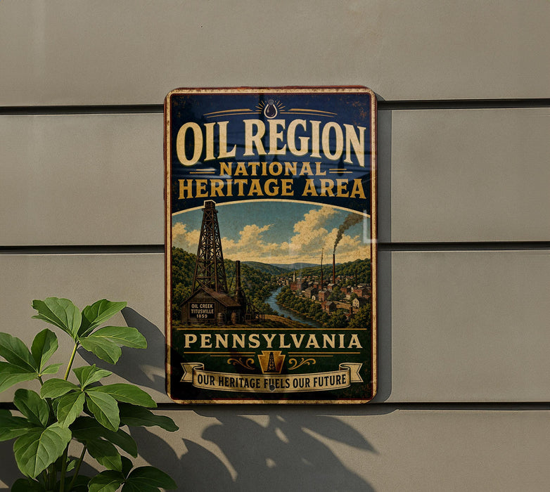 A vintage-style metal sign for the Pennsylvania Oil Region National Heritage Area, featuring an illustration of a coal mine and a river, mounted on a wall.