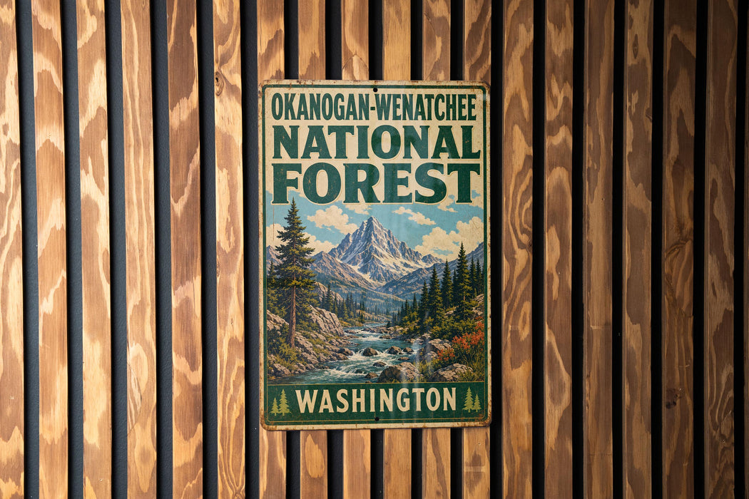 A vintage-style metal sign for the Okanogan-Wenatchee National Forest in Washington, featuring a mountain landscape with a river and pine trees.