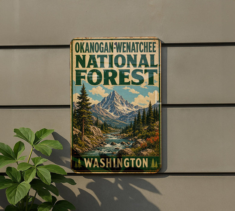 A vintage-style sign for the Okanogan-Wenatchee National Forest in Washington, featuring a mountain landscape with a river and pine trees.