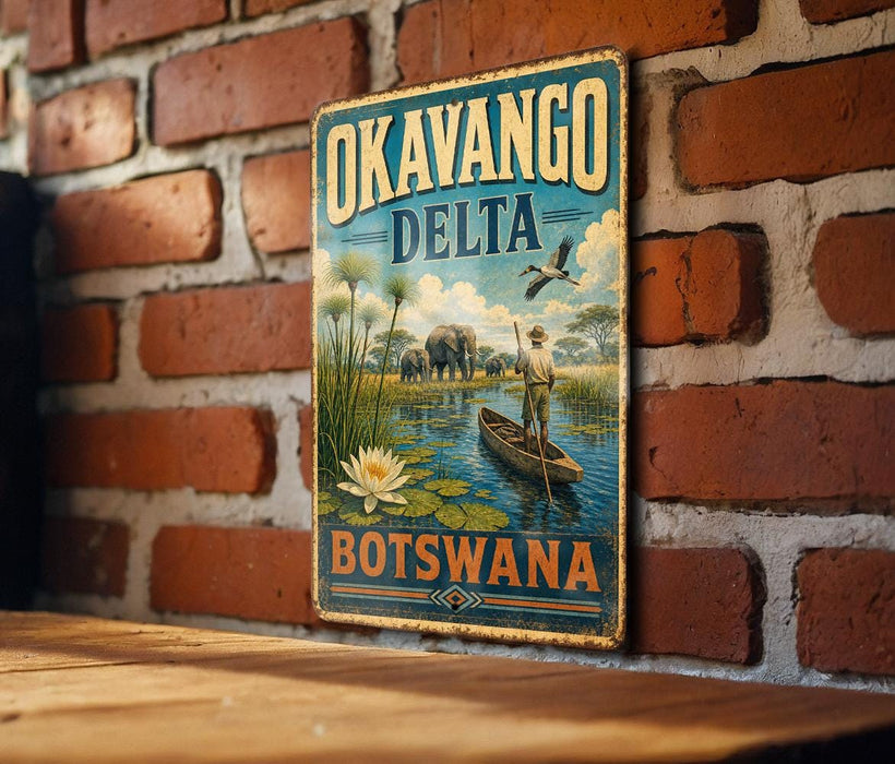 A vintage travel sign for Okavango Delta Botswana, featuring an illustration of a man in a boat surrounded by wildlife, including elephants and a bird.
