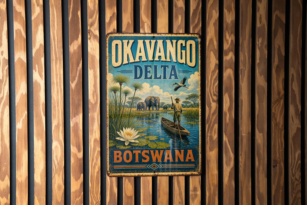 A vintage-style metal sign with the text "OKAVANGO DELTA BOTSWANA" and an illustration of a man in a boat on a river surrounded by wildlife.