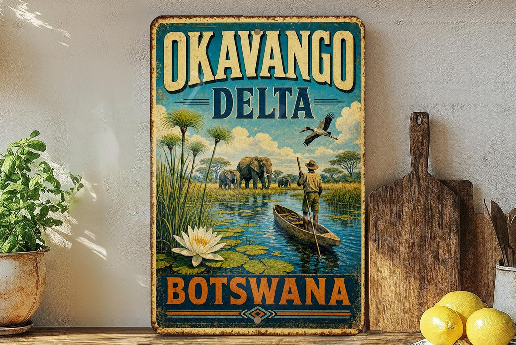 A vintage-style metal sign with the text "OKAVANGO DELTA BOTSWANA" and an illustration of a man in a boat on a river surrounded by wildlife, including elephants and a bird.