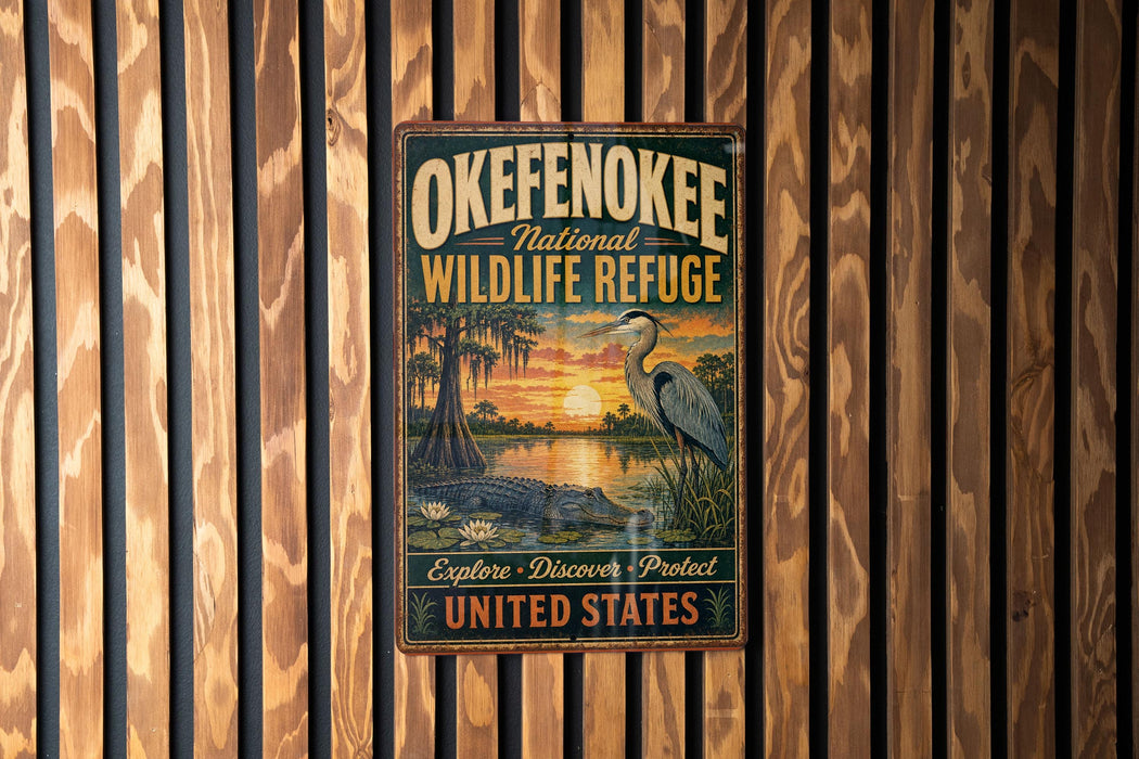 A vintage-style metal sign for the Okefenokee National Wildlife Refuge, featuring a bird and a sunset landscape, is displayed on a wooden wall.