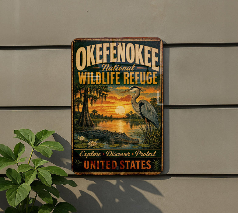 A vintage-style metal sign for the Okefenokee National Wildlife Refuge, featuring a serene landscape with a bird, all set against a sunset backdrop.