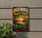 A vintage-style metal sign for the Okefenokee National Wildlife Refuge, featuring a serene landscape with a bird, all set against a sunset backdrop.
