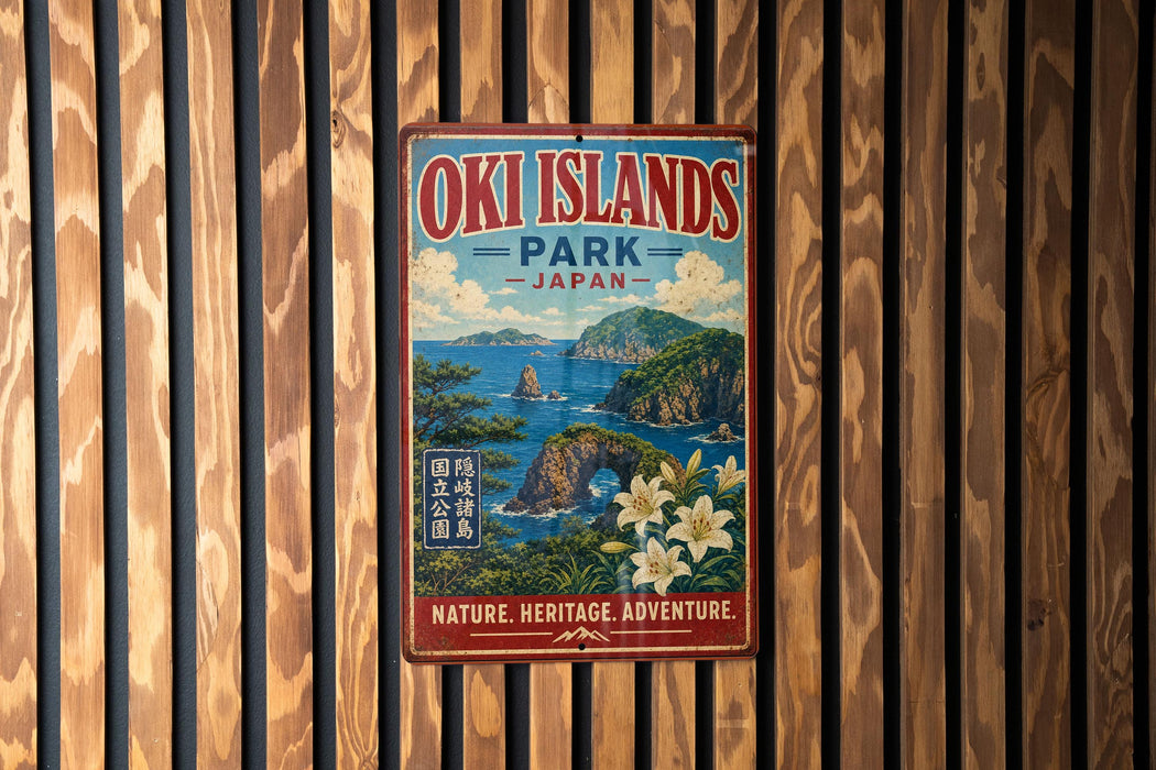 A vintage-style metal sign for Oki Islands Park in Japan, featuring a scenic landscape with mountains, water, and flowers.