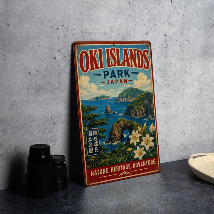 A vintage-style sign for Oki Islands Park in Japan, featuring a scenic landscape with mountains, water, and flowers.