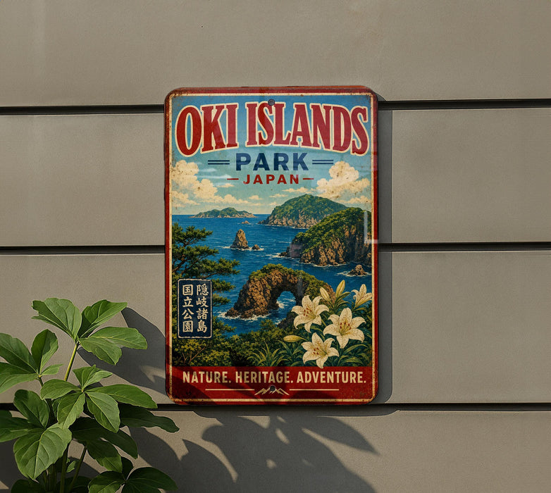A vintage-style sign for Oki Islands Park in Japan, featuring a scenic landscape with mountains, water, and flowers.