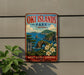 A vintage-style sign for Oki Islands Park in Japan, featuring a scenic landscape with mountains, water, and flowers.