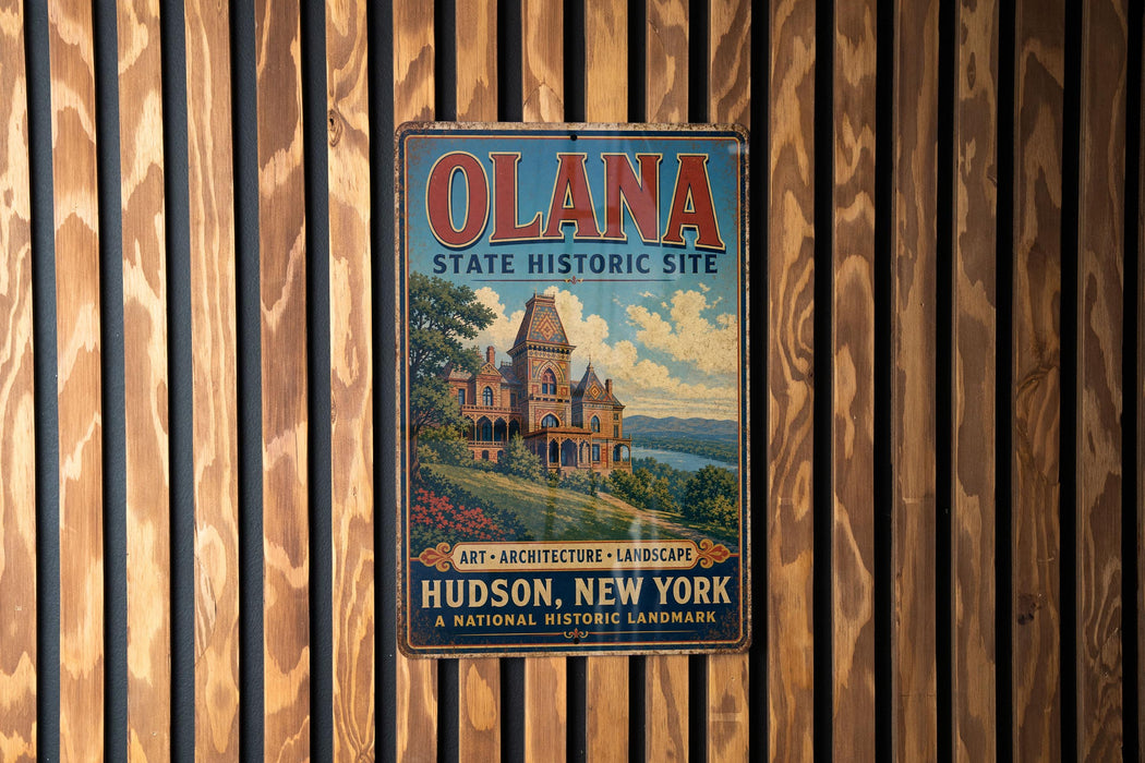 A vintage metal sign for the Olana State Historic Site in Hudson, New York, featuring an illustration of a castle-like building surrounded by trees and a river.
