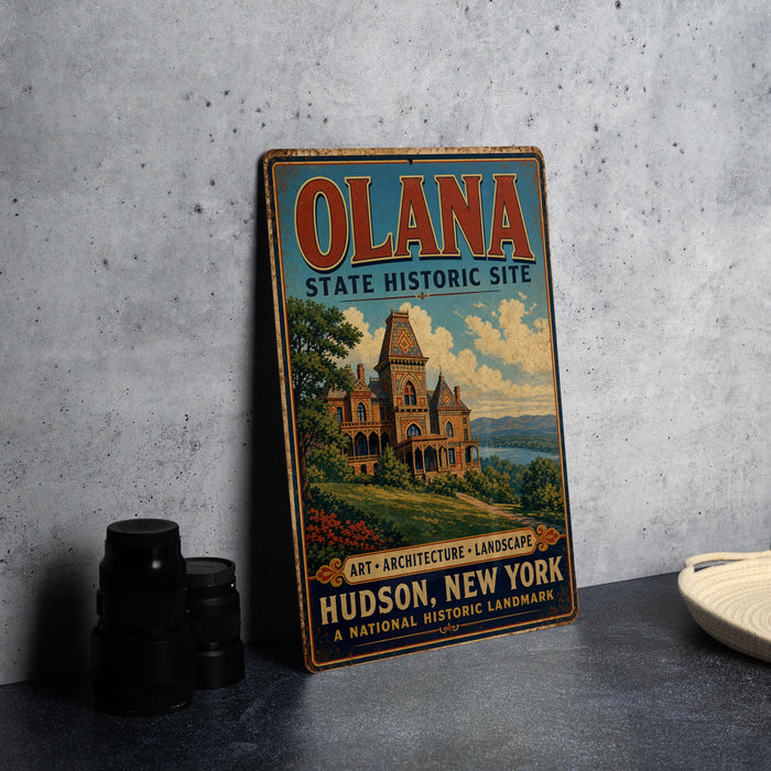 A vintage metal sign advertising the Olana State Historic Site in New York, featuring an illustration of a historic building and landscape.