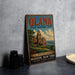 A vintage metal sign advertising the Olana State Historic Site in New York, featuring an illustration of a historic building and landscape.