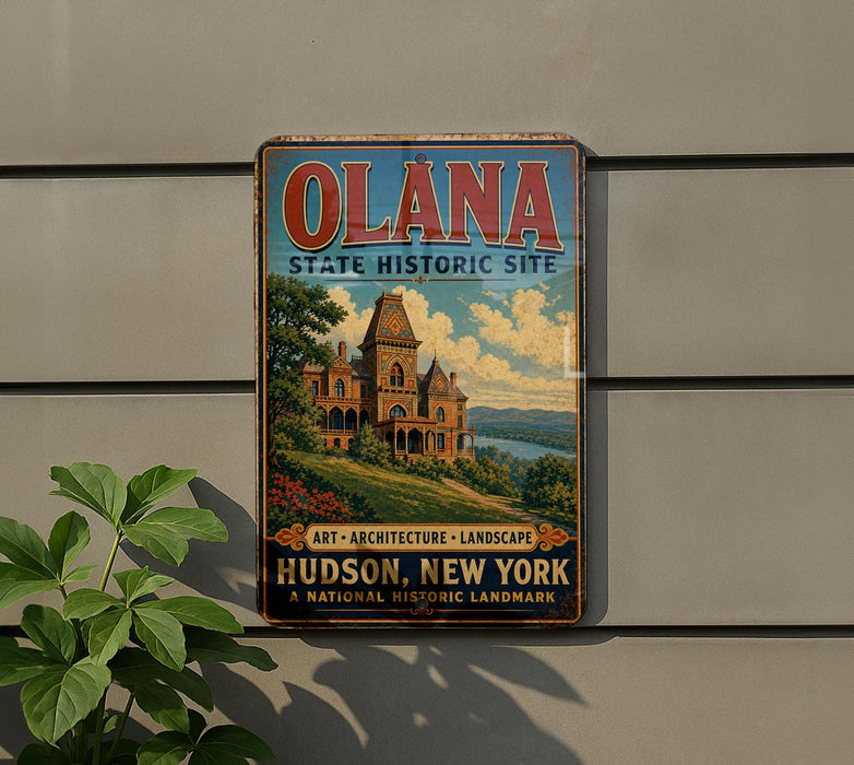 A vintage-style metal sign for the Olana State Historic Site in New York, featuring an illustration of a historic building surrounded by trees and a river.