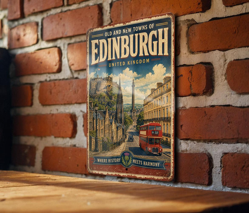 A vintage-style metal sign with the text "Old and New Towns of Edinburgh United Kingdom" and an illustration of a city street with a double-decker bus.