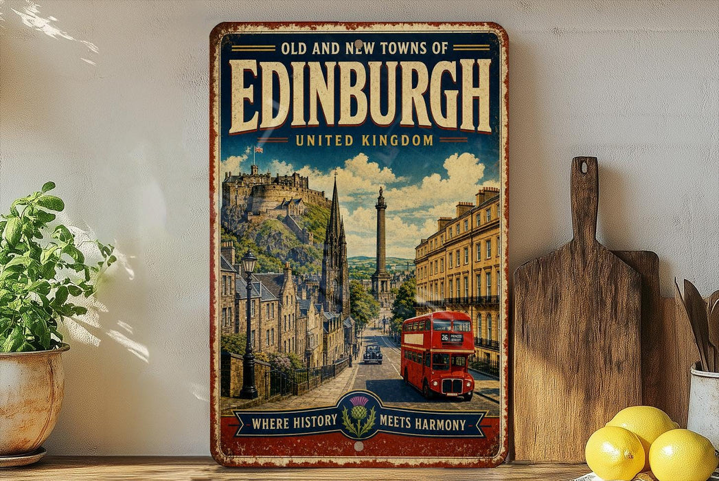 a vintage-style metal sign with a picture of a city street and a red double-decker bus, along with the text "Old and New Towns of Edinburgh United Kingdom" and "Where history meets harmony".