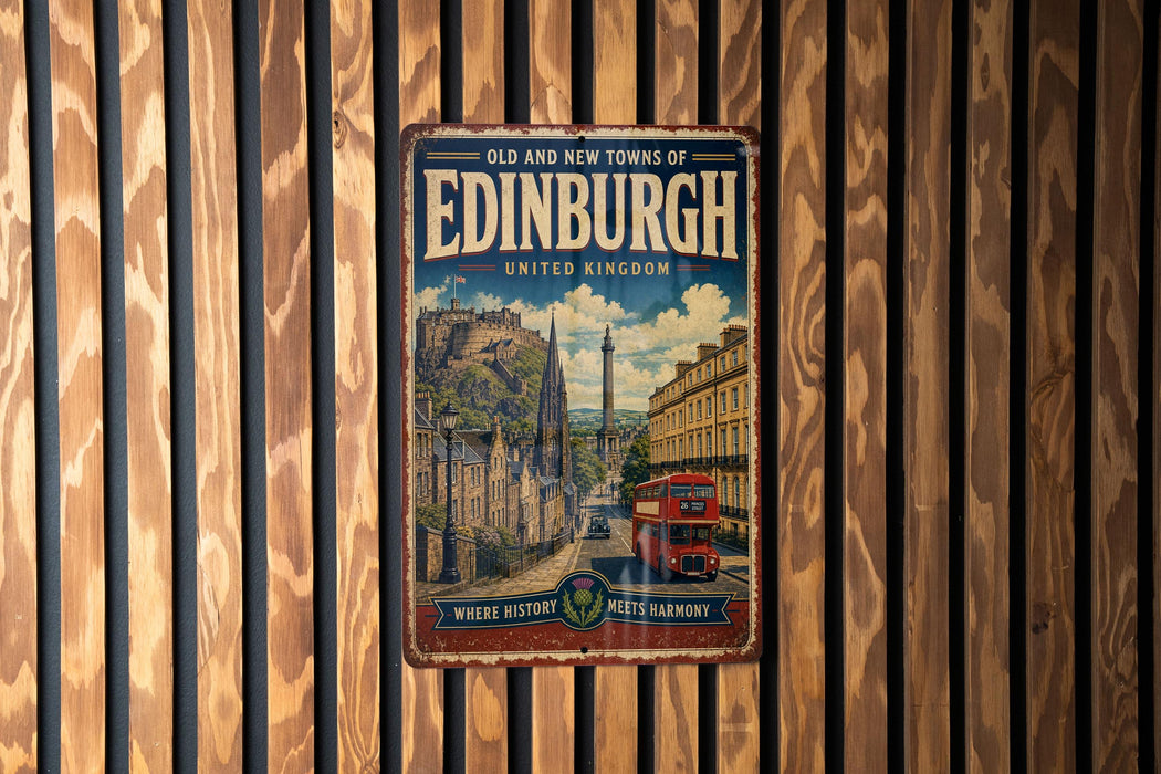 A vintage metal sign with the text "Old and New Towns of Edinburgh United Kingdom" and a picture of a city street with a red double-decker bus, mounted on a wooden wall.