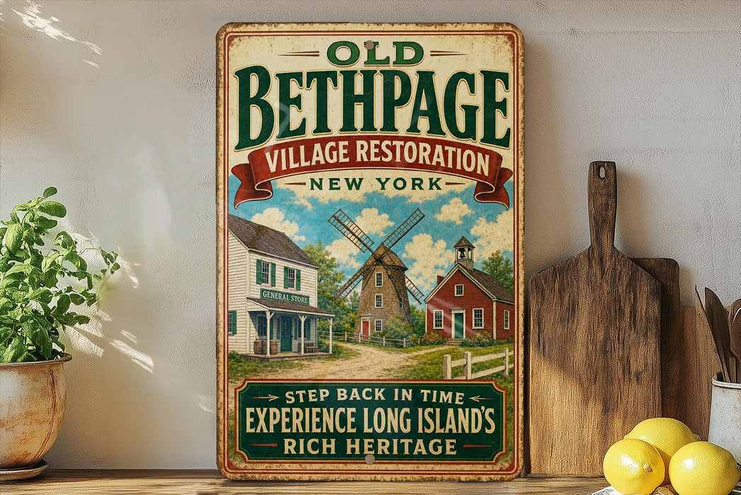 a vintage-style sign for "Old Bethpage Village Restoration" in New York, with a depiction of a windmill and a house, along with the text "Step back in time" and "Experience Long Island's rich heritage".