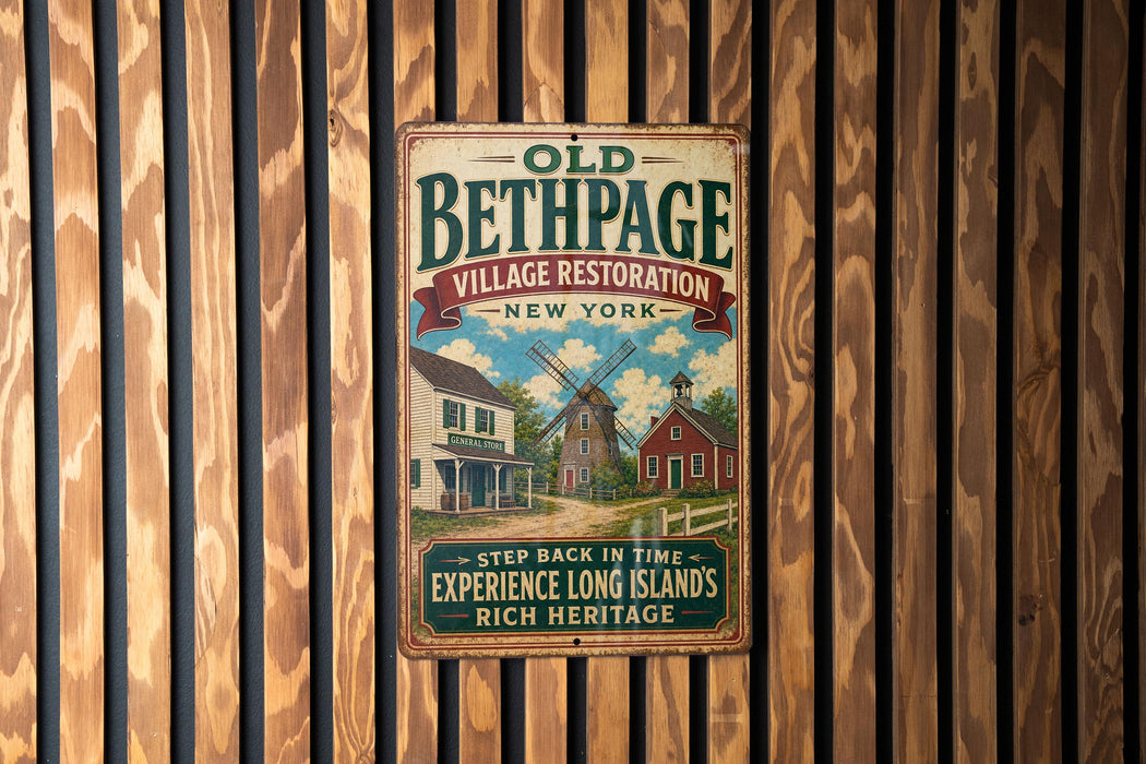 a vintage-style metal sign with a wooden background, hanging on a wooden wall.
