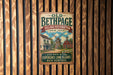 a vintage-style metal sign with a wooden background, hanging on a wooden wall.