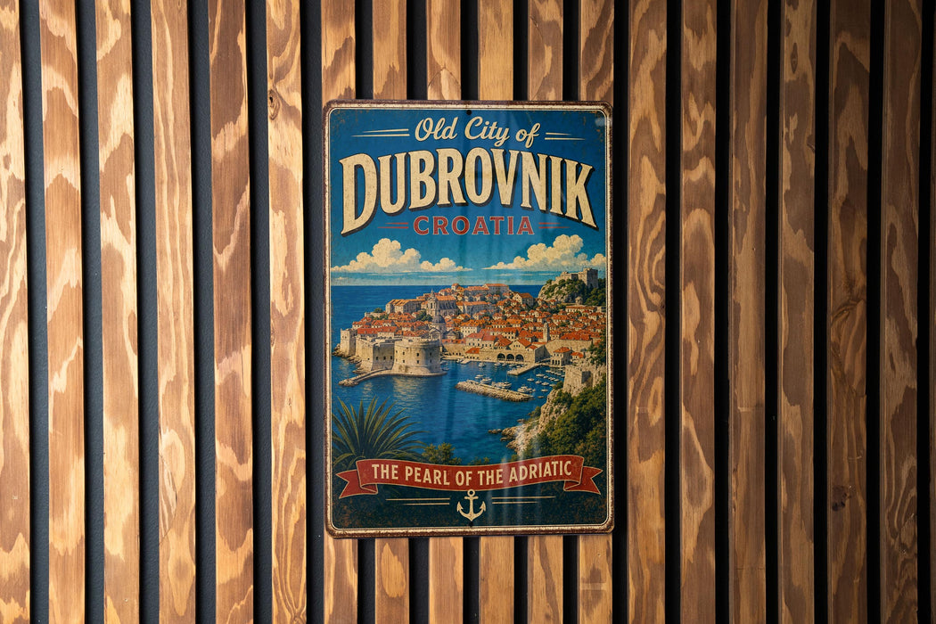 A vintage metal sign with the text "Old City of Dubrovnik, Croatia" and an illustration of a coastal city, with the text "The Pearl of the Adriatic" below it.