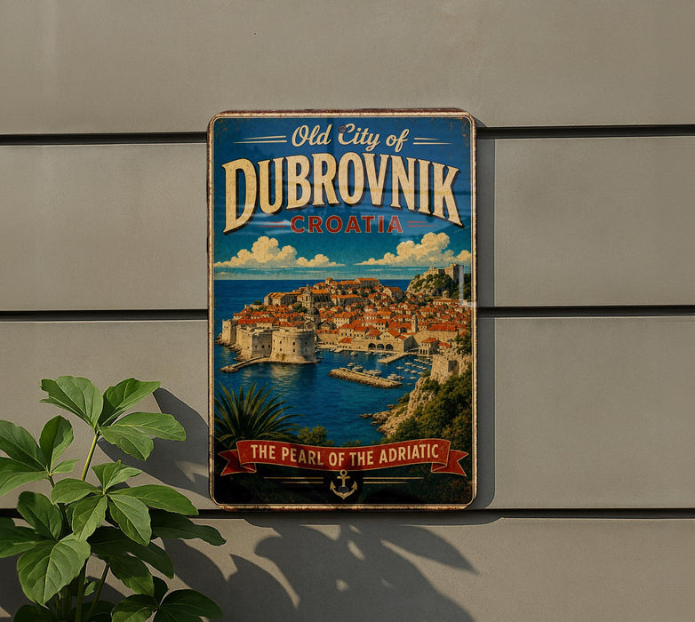 A vintage metal sign with the text "Old City of Dubrovnik, Croatia" and a picture of the city's skyline, along with the text "The Pearl of the Adriatic".